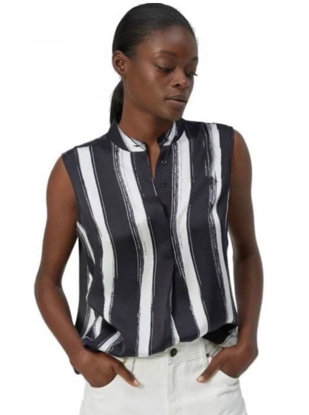 Equipment Therese Sleeveless Black and White Stripe Silk Split-Neck Blouse